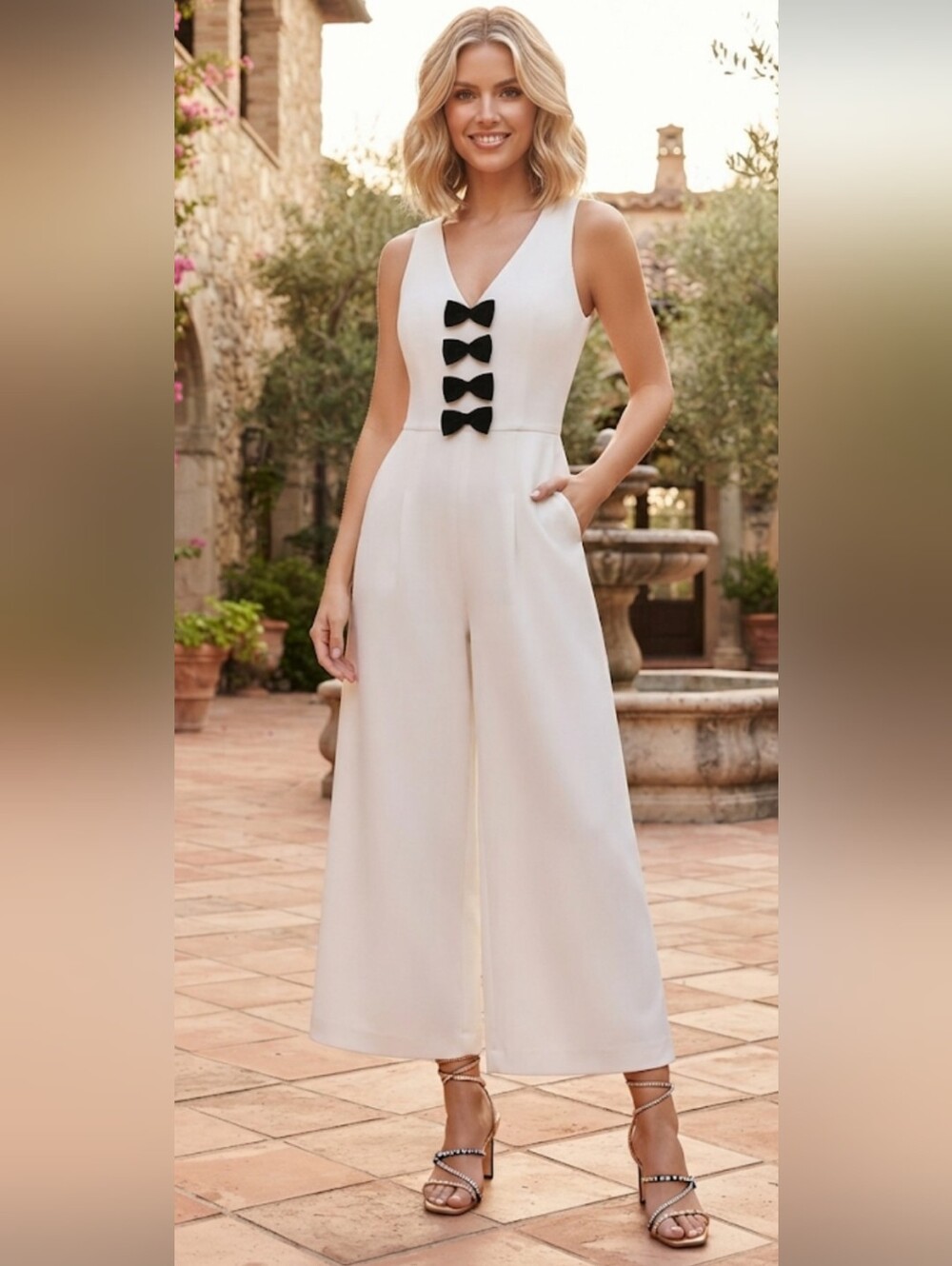 London Times Cream Wide-Leg V-Neck Jumpsuit with Black Bow Trim